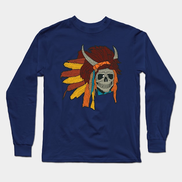 Colorful Indian Skull Long Sleeve T-Shirt by Mako Design 